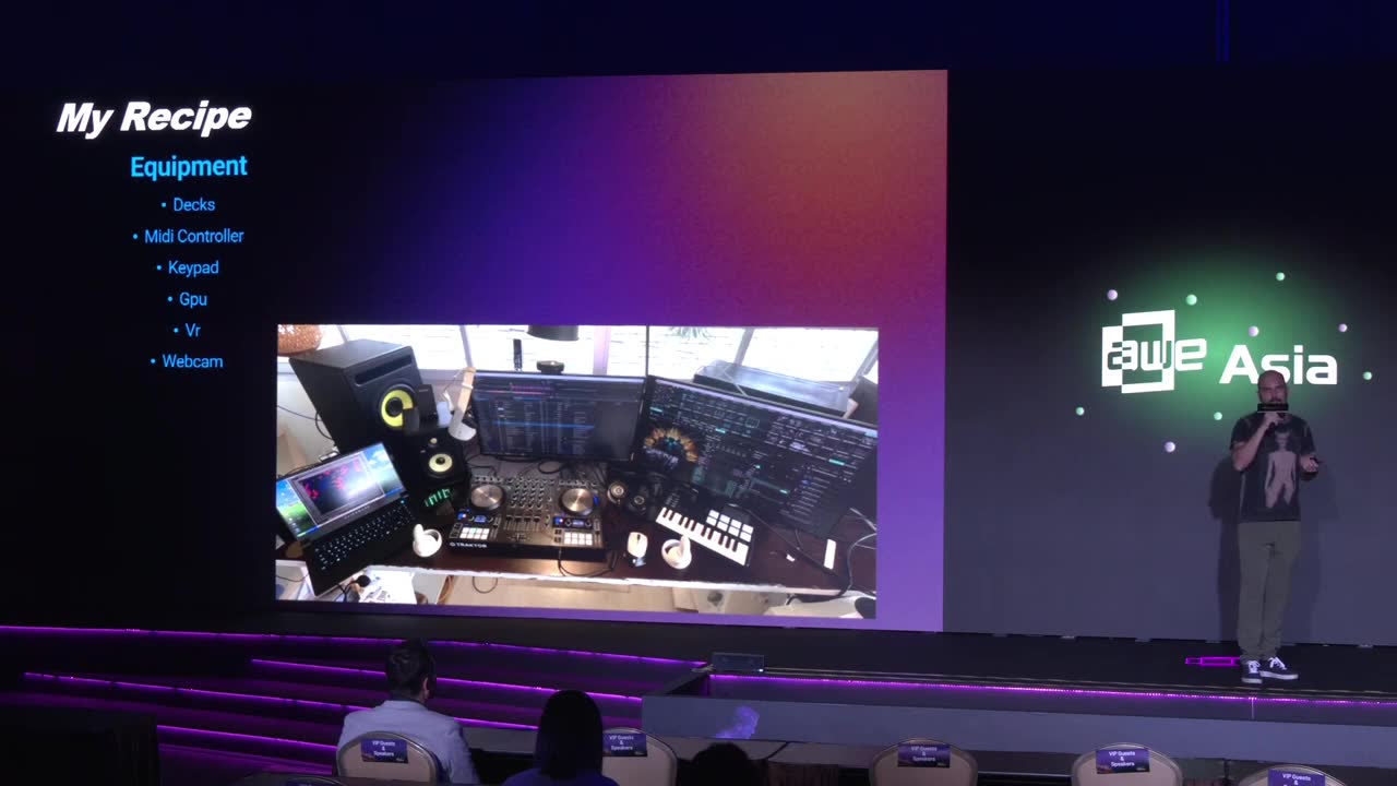 My home streaming setup on stage screen behind me- decks, MIDI controller, dual monitors, GPU tower