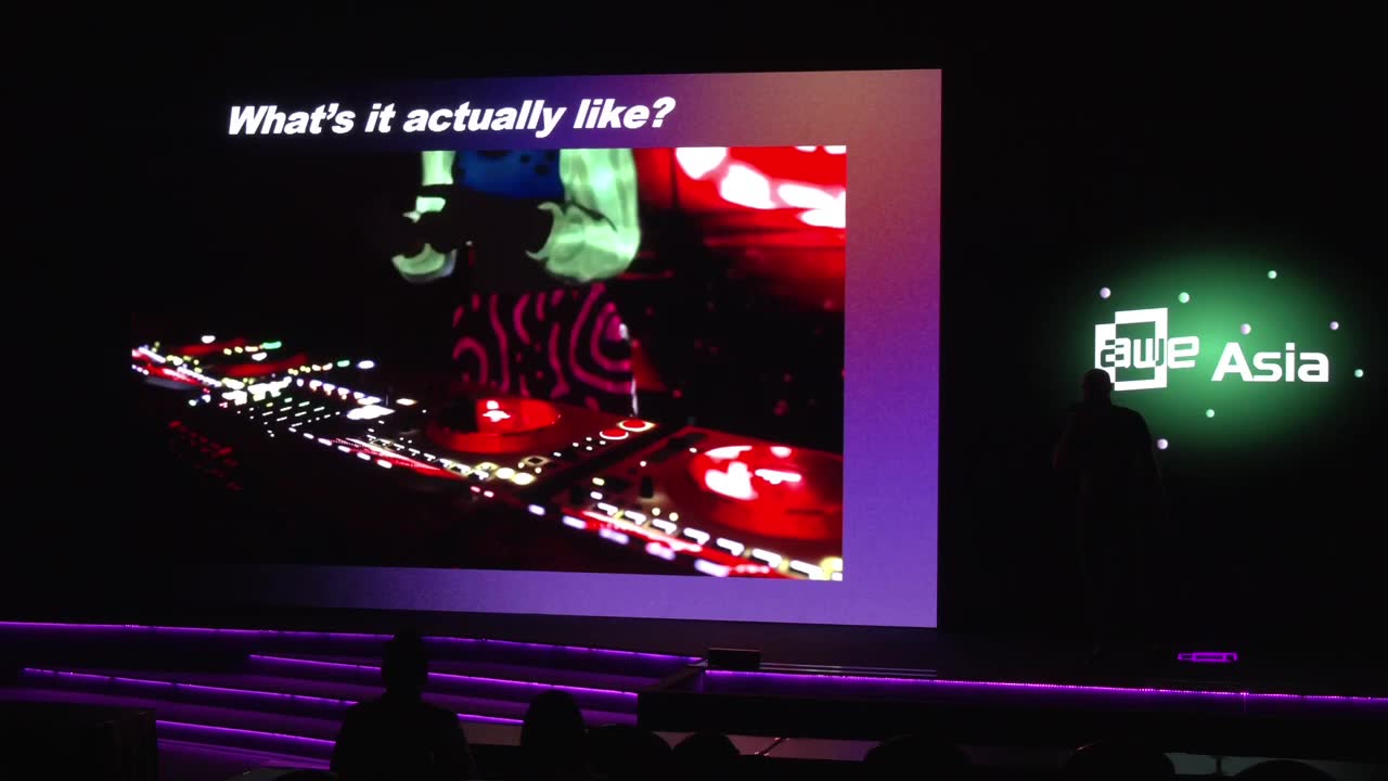 Hands on a VRChat avatar over glowing DJ decks mid-performance, with a slide reading “What’s it actually like?”
