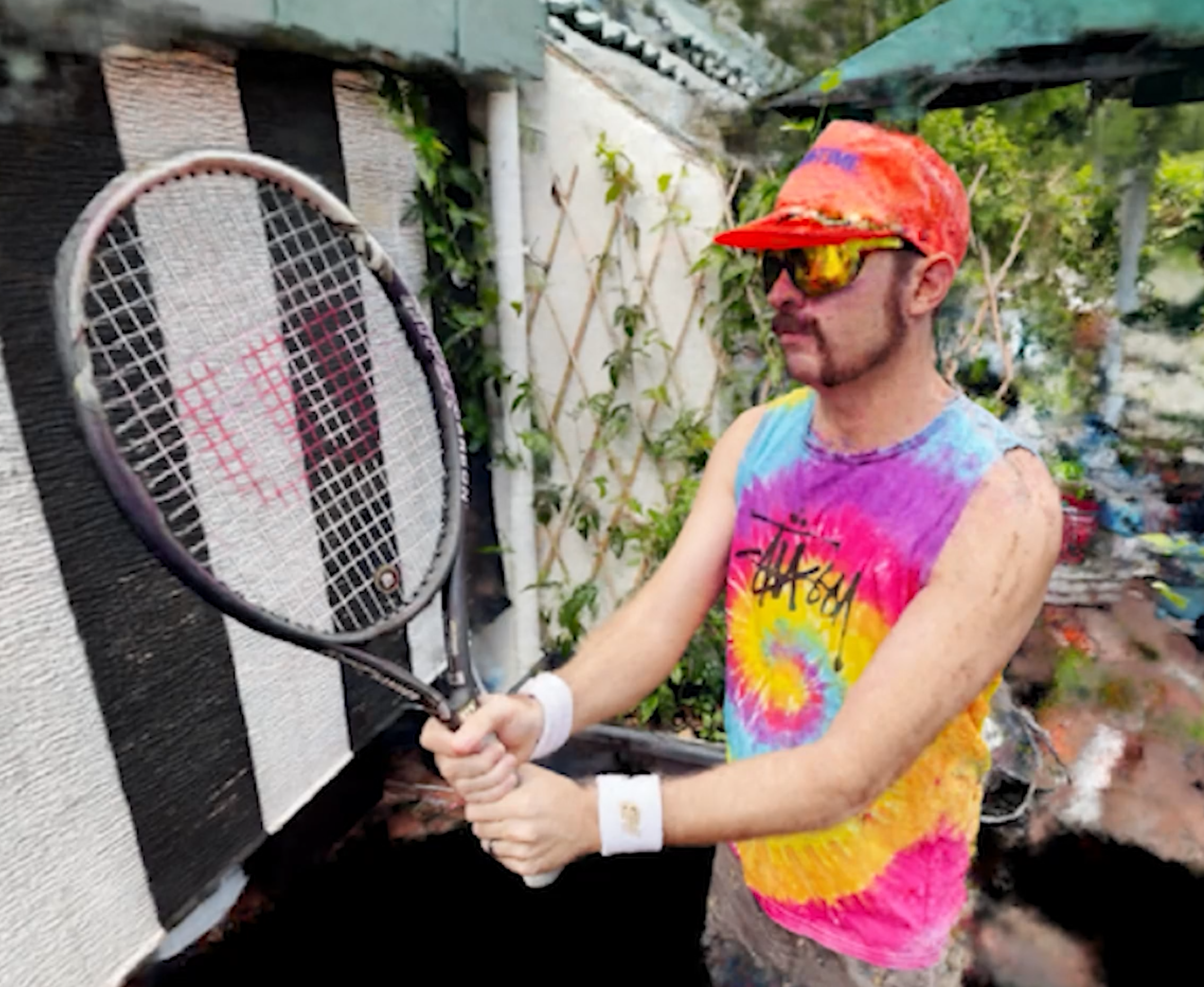 A NeRF-rendered novel view of a person holding a tennis racquet, reconstructed from captured footage