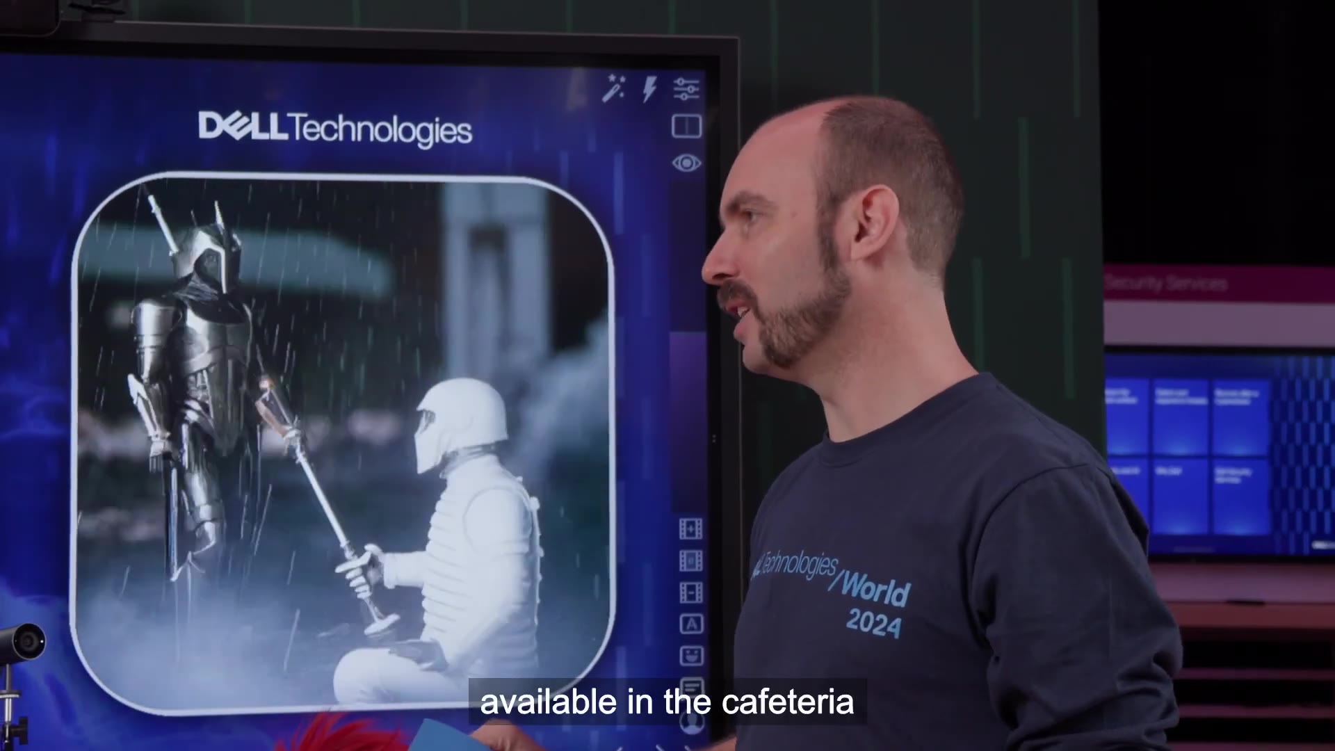 Presenting at Dell Technologies World 2024, the screen behind showing a live camera feed restyled into an armored knight in the rain