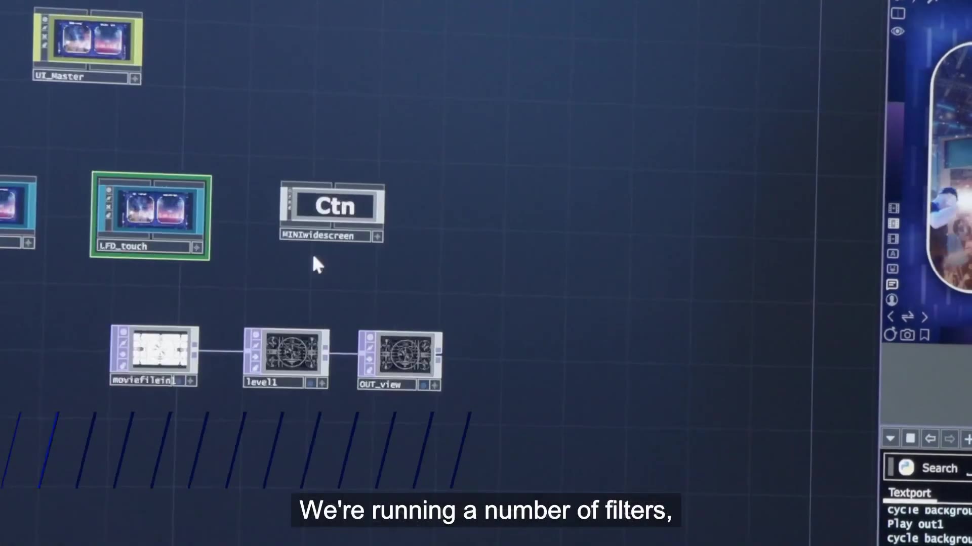The TouchDesigner network behind the demo, a movie file input chained through level and output nodes, with the UI master and touchscreen components above