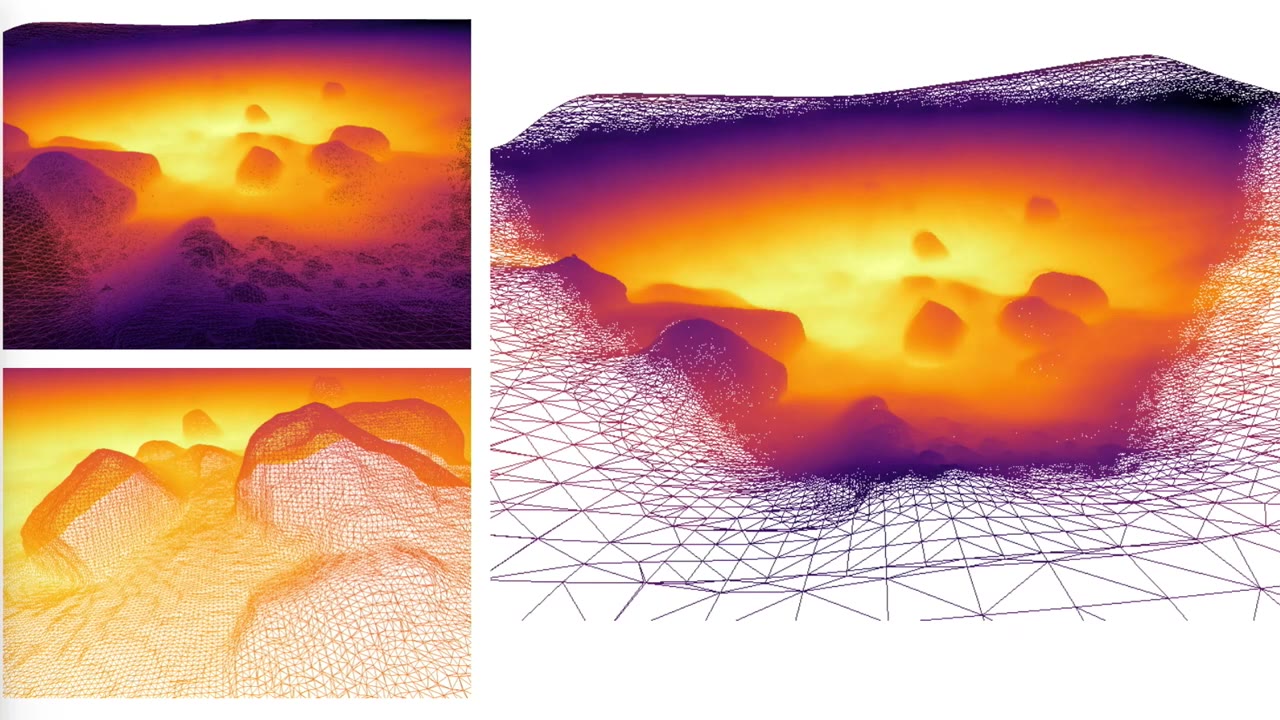 Slide showing 3D reconstructed lunar terrain as heat-mapped point clouds and wireframe meshes from three angles